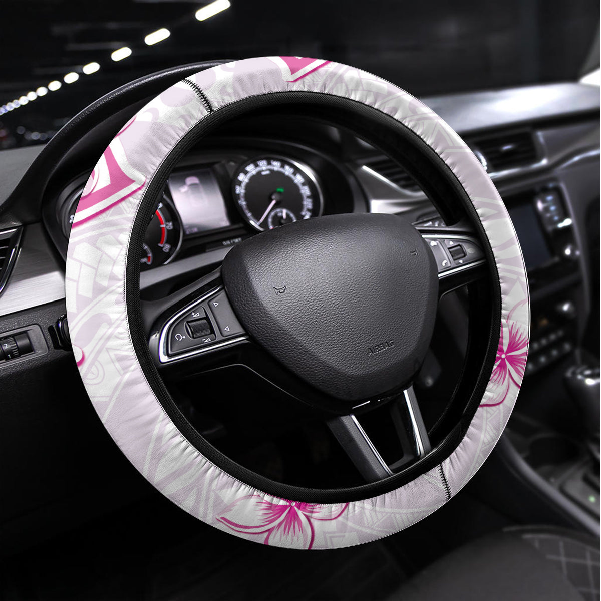 Polynesian Pattern With Plumeria Flowers Steering Wheel Cover Pink LT05 Universal Fit Pink - Polynesian Pride