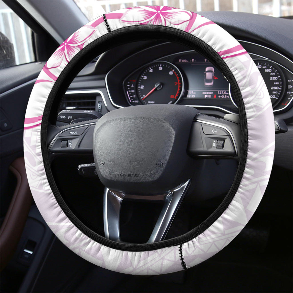 Polynesian Pattern With Plumeria Flowers Steering Wheel Cover Pink LT05 - Polynesian Pride