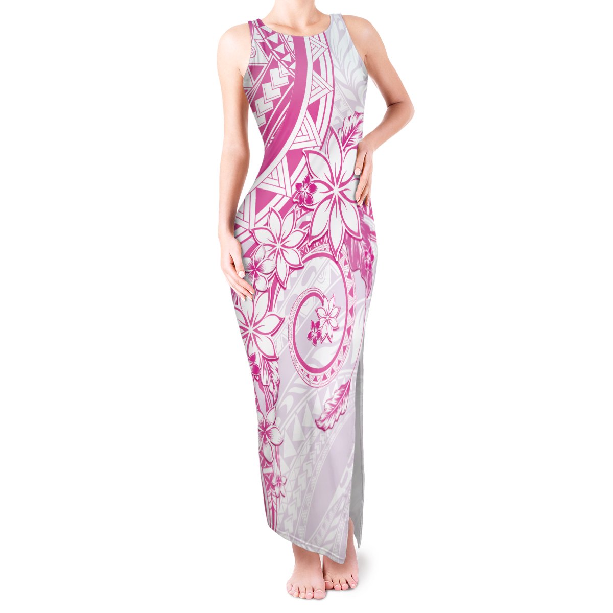 Polynesian Pattern With Plumeria Flowers Tank Maxi Dress Pink LT05 Women Pink - Polynesian Pride