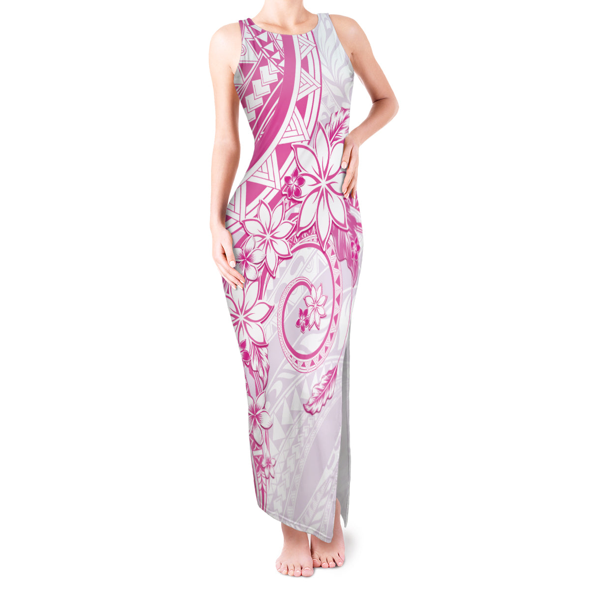 Polynesian Pattern With Plumeria Flowers Tank Maxi Dress Pink