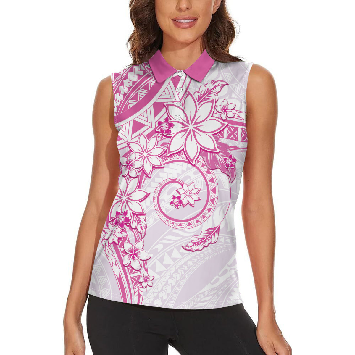 Polynesian Pattern With Plumeria Flowers Women Sleeveless Polo Shirt Pink