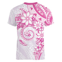 Polynesian Pattern With Plumeria Flowers Women V-Neck T-Shirt Pink