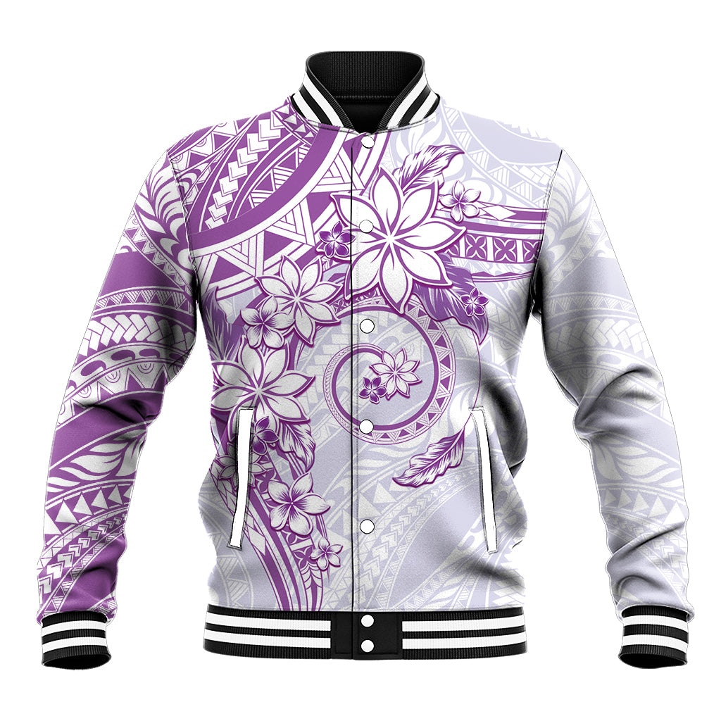 Polynesian Pattern With Plumeria Flowers Baseball Jacket Purple LT05 Unisex Purple - Polynesian Pride