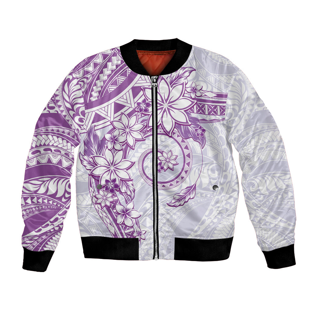 Polynesian Pattern With Plumeria Flowers Bomber Jacket Purple LT05 Unisex Purple - Polynesian Pride