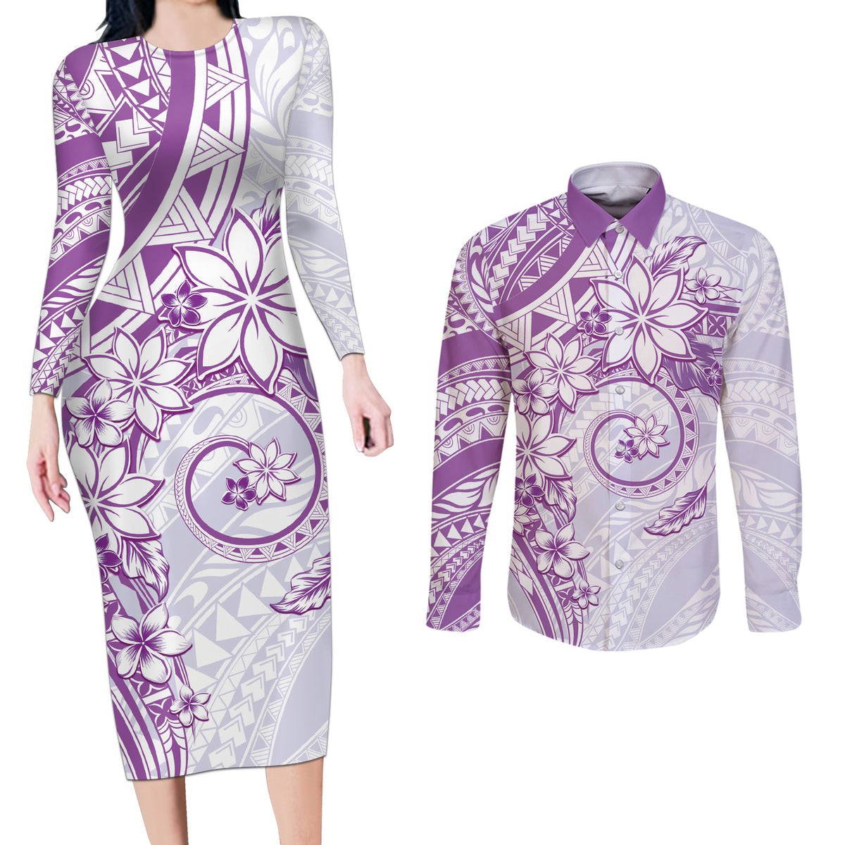 Polynesian Pattern With Plumeria Flowers Couples Matching Long Sleeve Bodycon Dress and Long Sleeve Button Shirt Purple LT05 Purple - Polynesian Pride