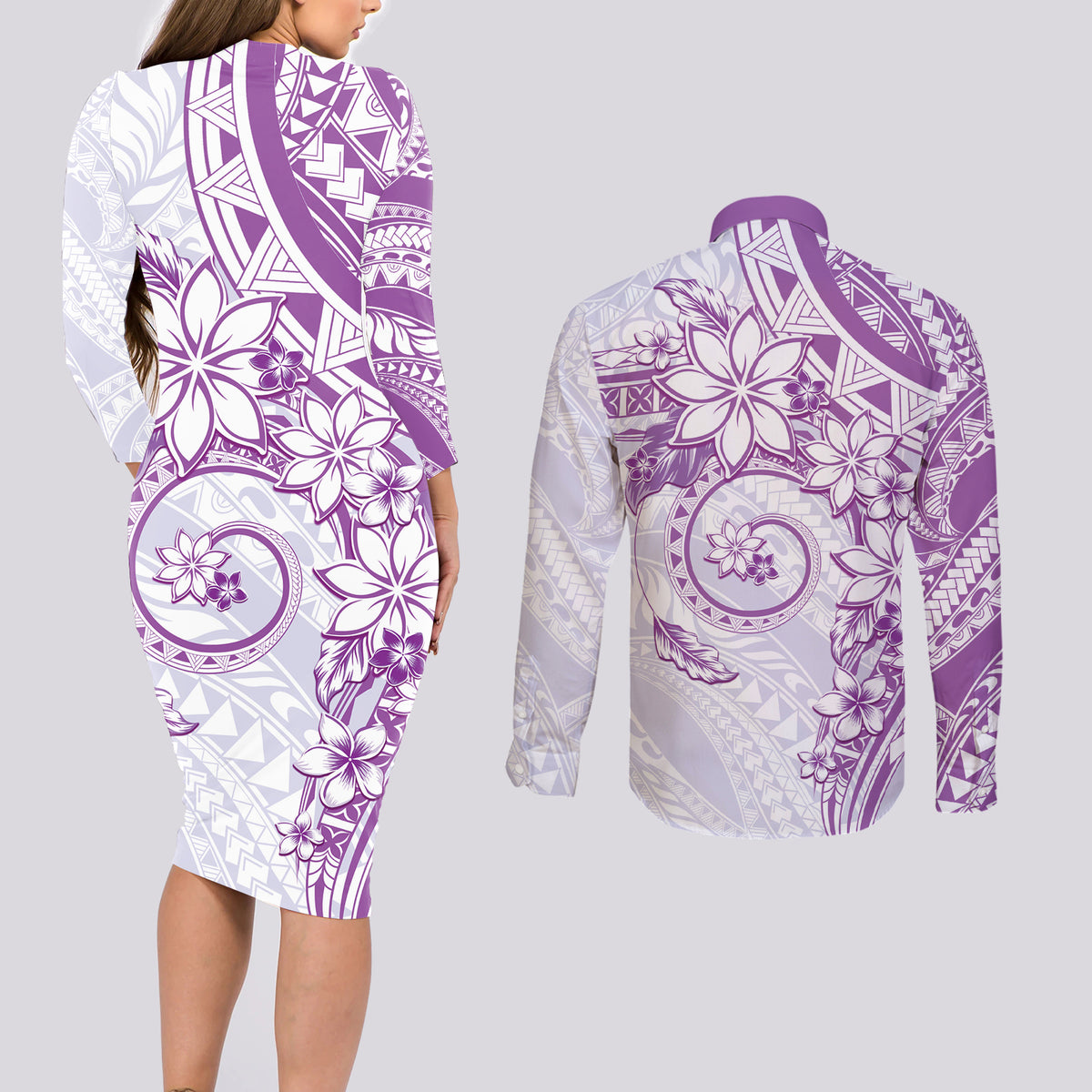 Polynesian Pattern With Plumeria Flowers Couples Matching Long Sleeve Bodycon Dress and Long Sleeve Button Shirt Purple LT05 - Polynesian Pride