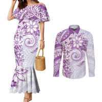Polynesian Pattern With Plumeria Flowers Couples Matching Mermaid Dress and Long Sleeve Button Shirt Purple LT05 Purple - Polynesian Pride