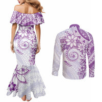 Polynesian Pattern With Plumeria Flowers Couples Matching Mermaid Dress and Long Sleeve Button Shirt Purple LT05 - Polynesian Pride