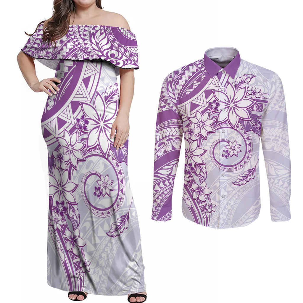 Polynesian Pattern With Plumeria Flowers Couples Matching Off Shoulder Maxi Dress and Long Sleeve Button Shirt Purple LT05 Purple - Polynesian Pride