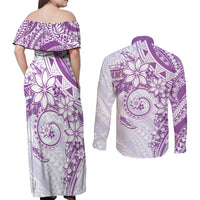 Polynesian Pattern With Plumeria Flowers Couples Matching Off Shoulder Maxi Dress and Long Sleeve Button Shirt Purple LT05 - Polynesian Pride