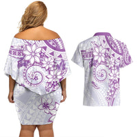 Polynesian Pattern With Plumeria Flowers Couples Matching Off Shoulder Short Dress and Hawaiian Shirt Purple LT05 - Polynesian Pride