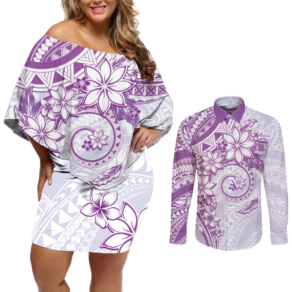 Polynesian Pattern With Plumeria Flowers Couples Matching Off Shoulder Short Dress and Long Sleeve Button Shirt Purple LT05 Purple - Polynesian Pride