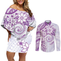 Polynesian Pattern With Plumeria Flowers Couples Matching Off Shoulder Short Dress and Long Sleeve Button Shirt Purple LT05 Purple - Polynesian Pride