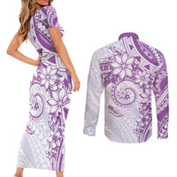 Polynesian Pattern With Plumeria Flowers Couples Matching Short Sleeve Bodycon Dress and Long Sleeve Button Shirt Purple LT05 - Polynesian Pride