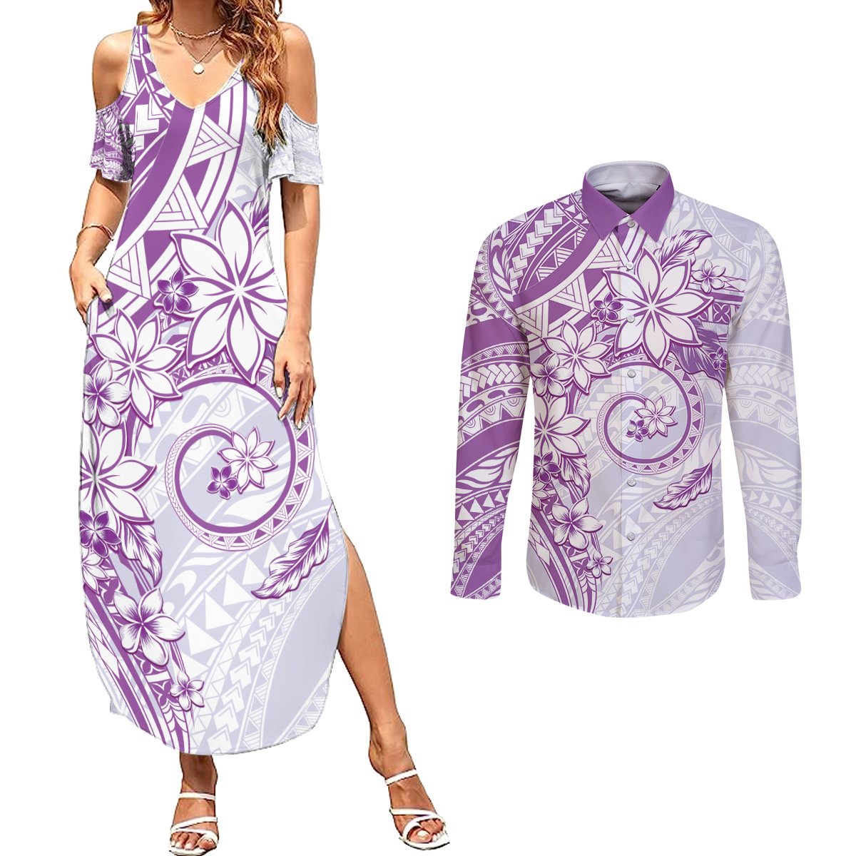 Polynesian Pattern With Plumeria Flowers Couples Matching Summer Maxi Dress and Long Sleeve Button Shirt Purple
