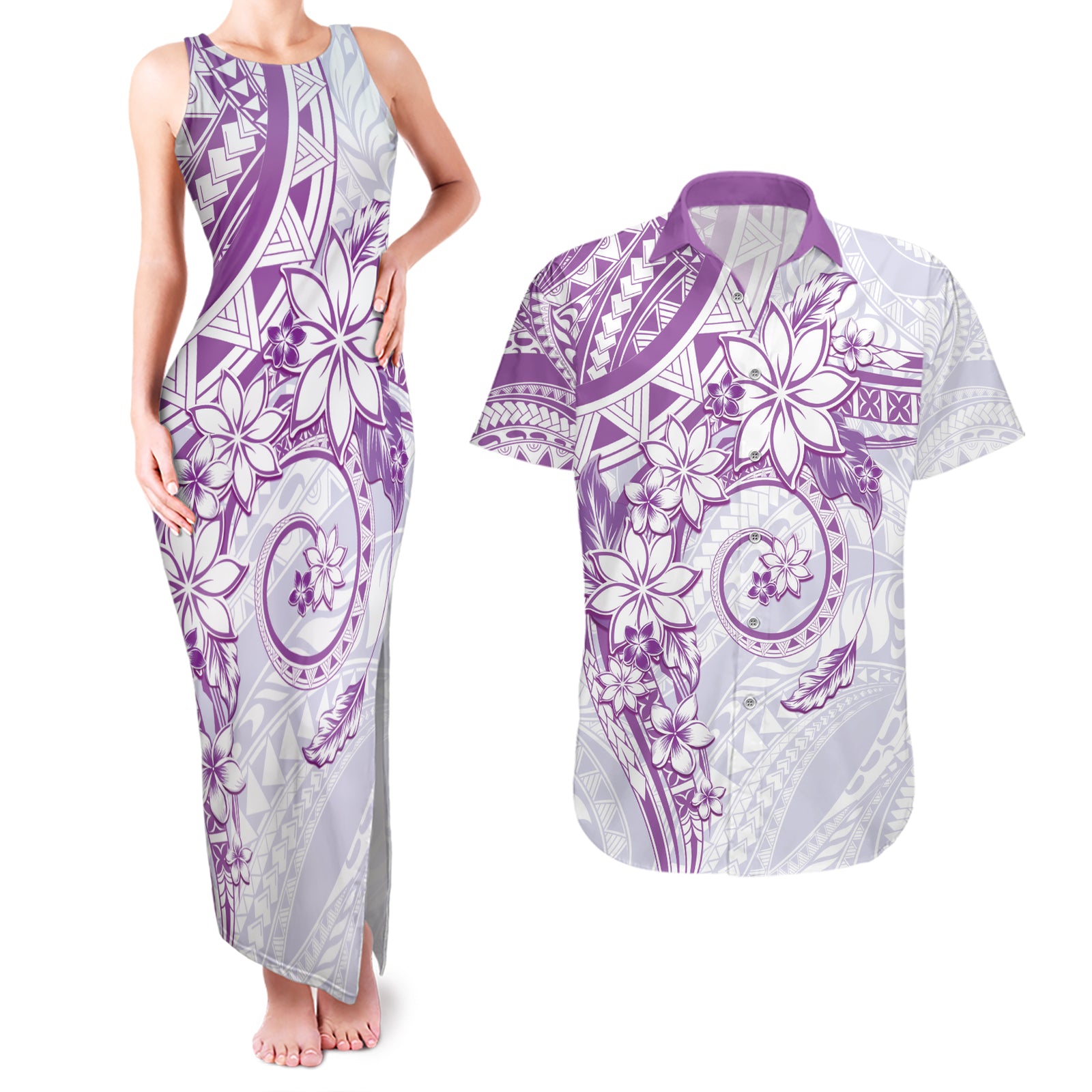 Polynesian Pattern With Plumeria Flowers Couples Matching Tank Maxi Dress and Hawaiian Shirt Purple LT05 Purple - Polynesian Pride