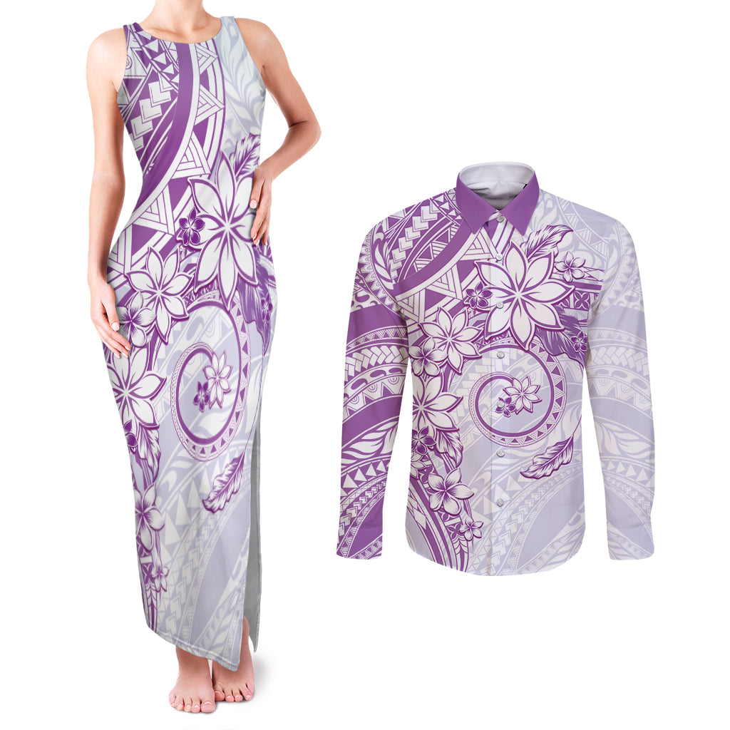 Polynesian Pattern With Plumeria Flowers Couples Matching Tank Maxi Dress and Long Sleeve Button Shirt Purple LT05 Purple - Polynesian Pride