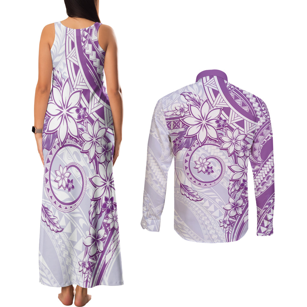 Polynesian Pattern With Plumeria Flowers Couples Matching Tank Maxi Dress and Long Sleeve Button Shirt Purple LT05 - Polynesian Pride