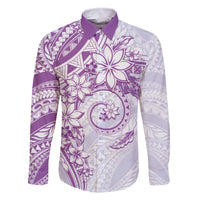 Polynesian Pattern With Plumeria Flowers Family Matching Long Sleeve Bodycon Dress and Hawaiian Shirt Purple