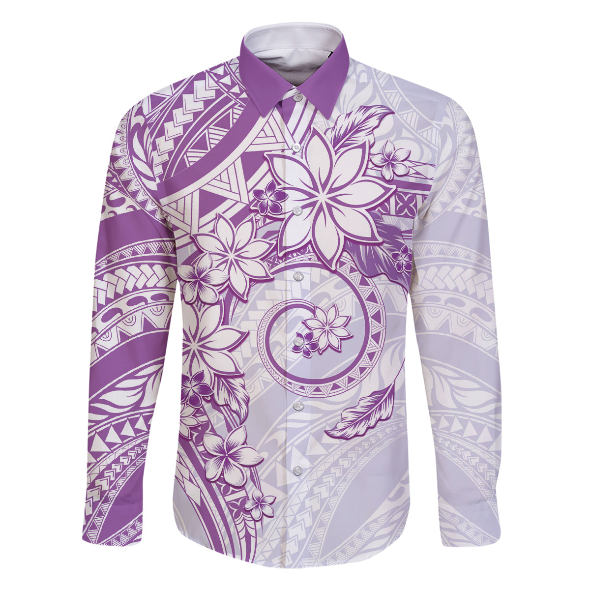 Polynesian Pattern With Plumeria Flowers Family Matching Mermaid Dress and Hawaiian Shirt Purple