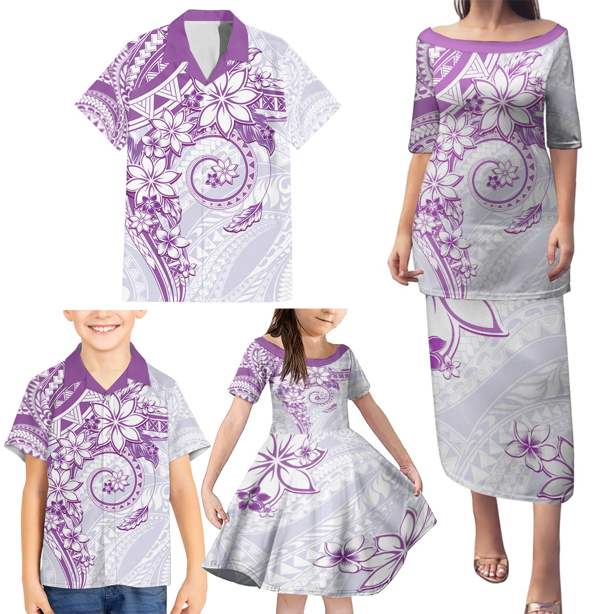 Polynesian Pattern With Plumeria Flowers Family Matching Puletasi and Hawaiian Shirt Purple