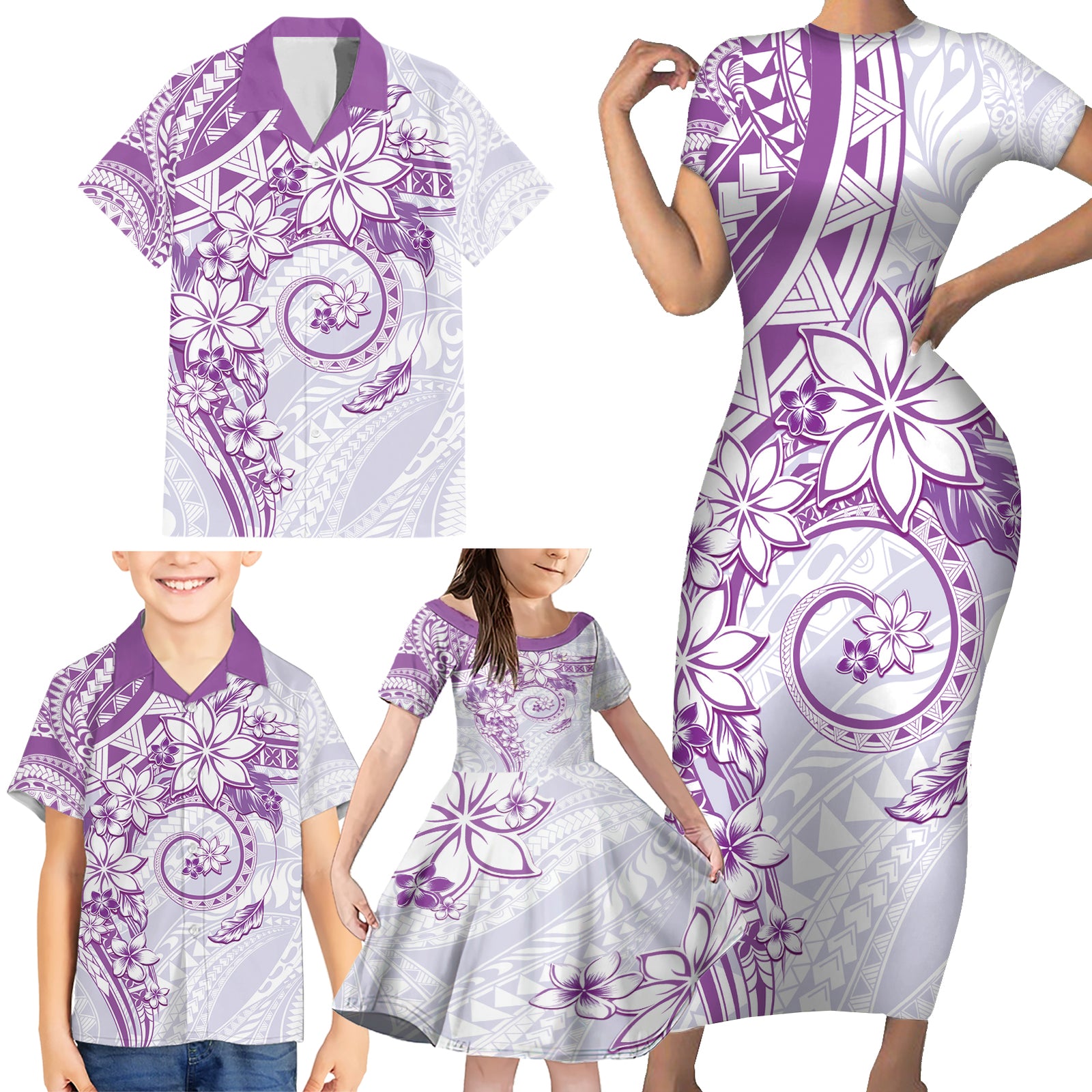 Polynesian Pattern With Plumeria Flowers Family Matching Short Sleeve Bodycon Dress and Hawaiian Shirt Purple LT05 - Polynesian Pride
