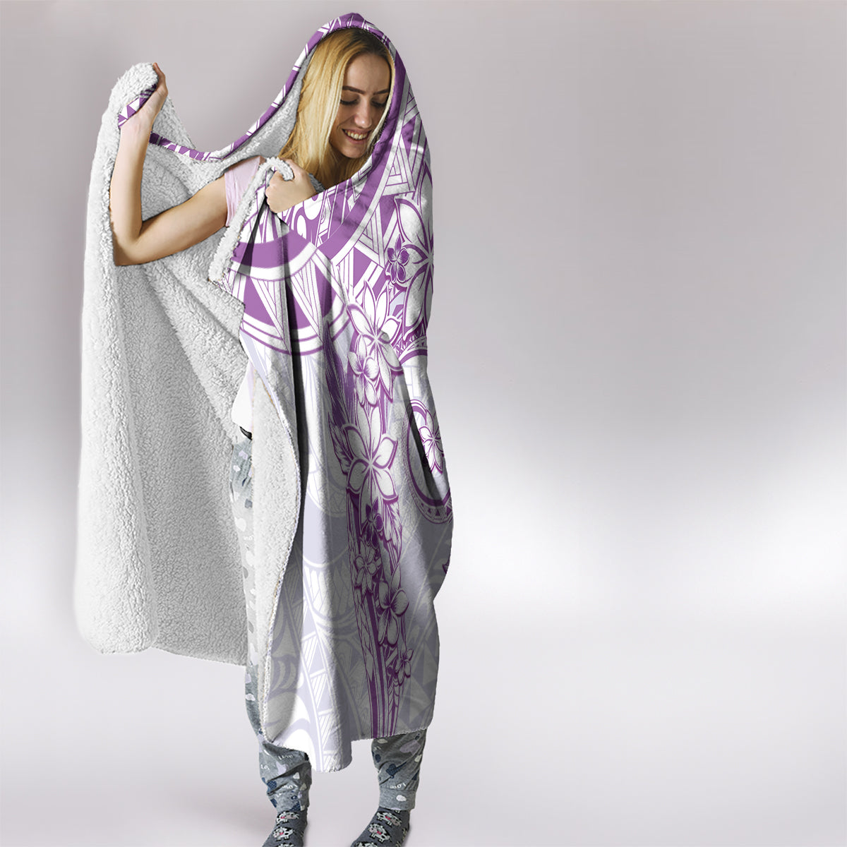 Polynesian Pattern With Plumeria Flowers Hooded Blanket Purple LT05 - Polynesian Pride