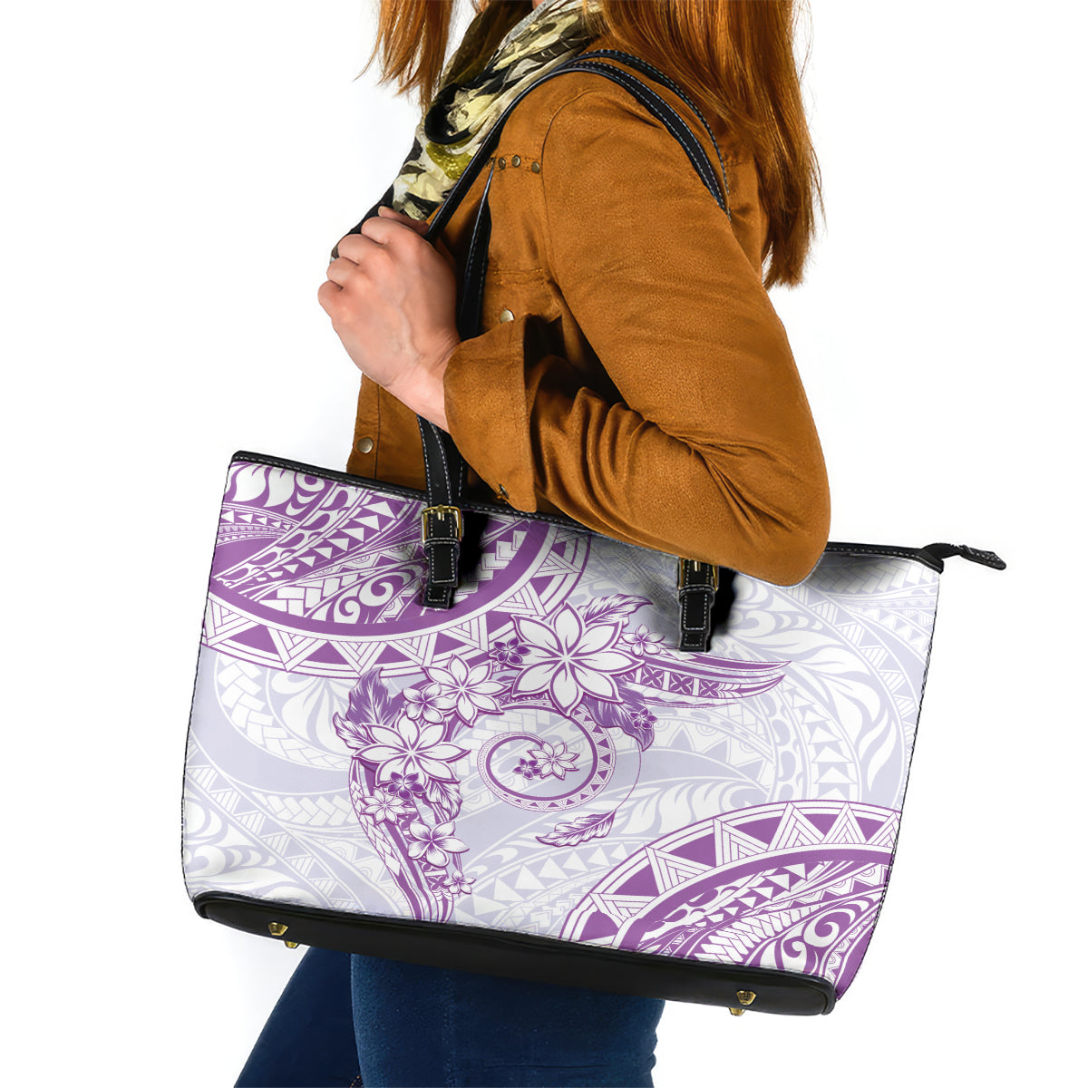 Polynesian Pattern With Plumeria Flowers Leather Tote Bag Purple LT05 Purple - Polynesian Pride