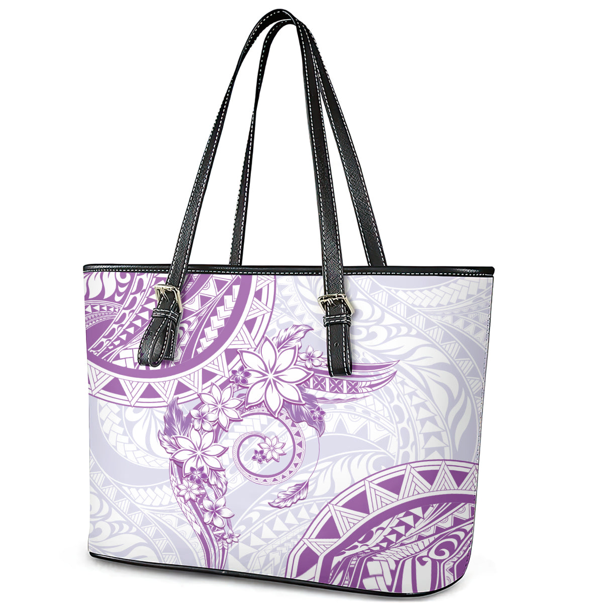 Polynesian Pattern With Plumeria Flowers Leather Tote Bag Purple LT05 - Polynesian Pride