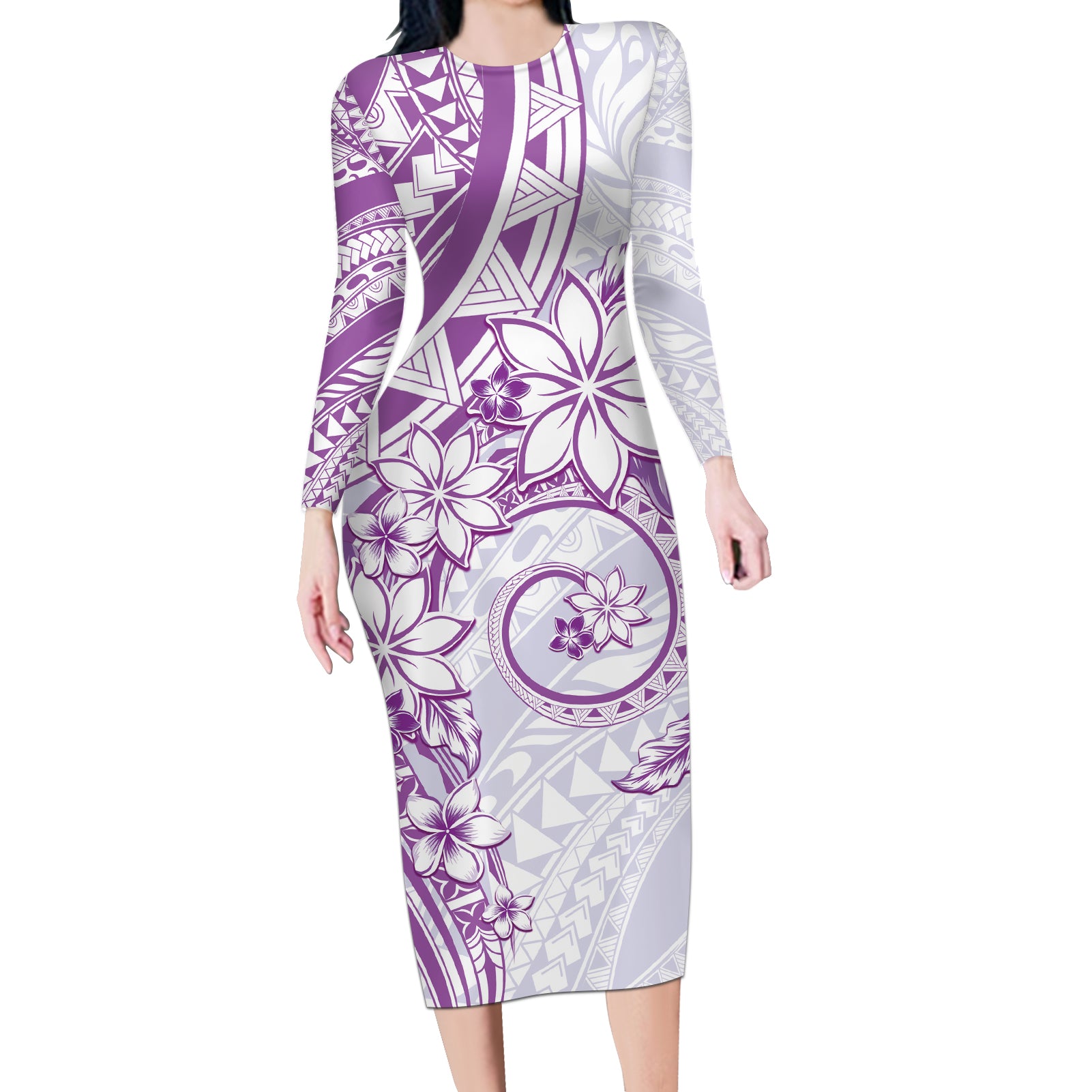 Polynesian Pattern With Plumeria Flowers Long Sleeve Bodycon Dress Purple