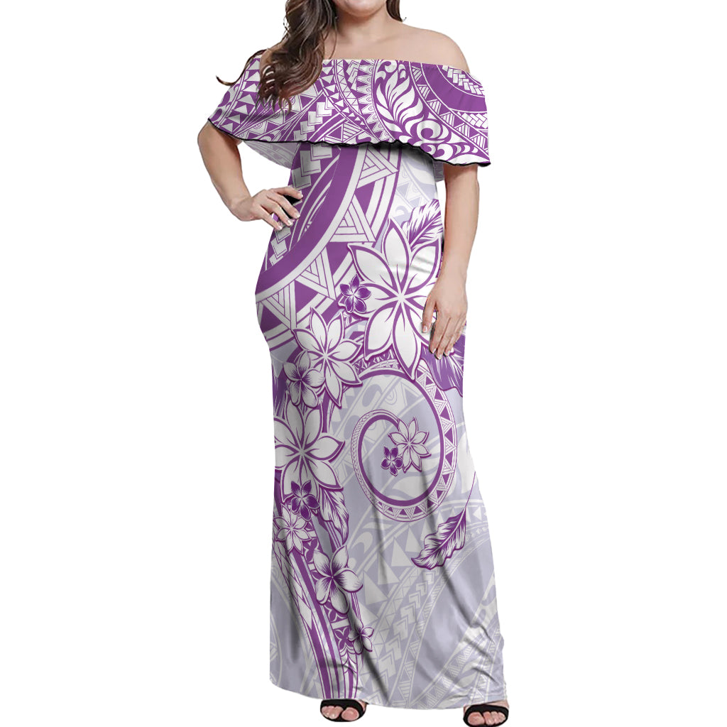 Polynesian Pattern With Plumeria Flowers Off Shoulder Maxi Dress Purple LT05 Women Purple - Polynesian Pride