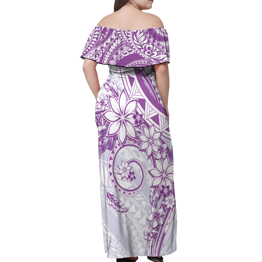 Polynesian Pattern With Plumeria Flowers Off Shoulder Maxi Dress Purple LT05 - Polynesian Pride