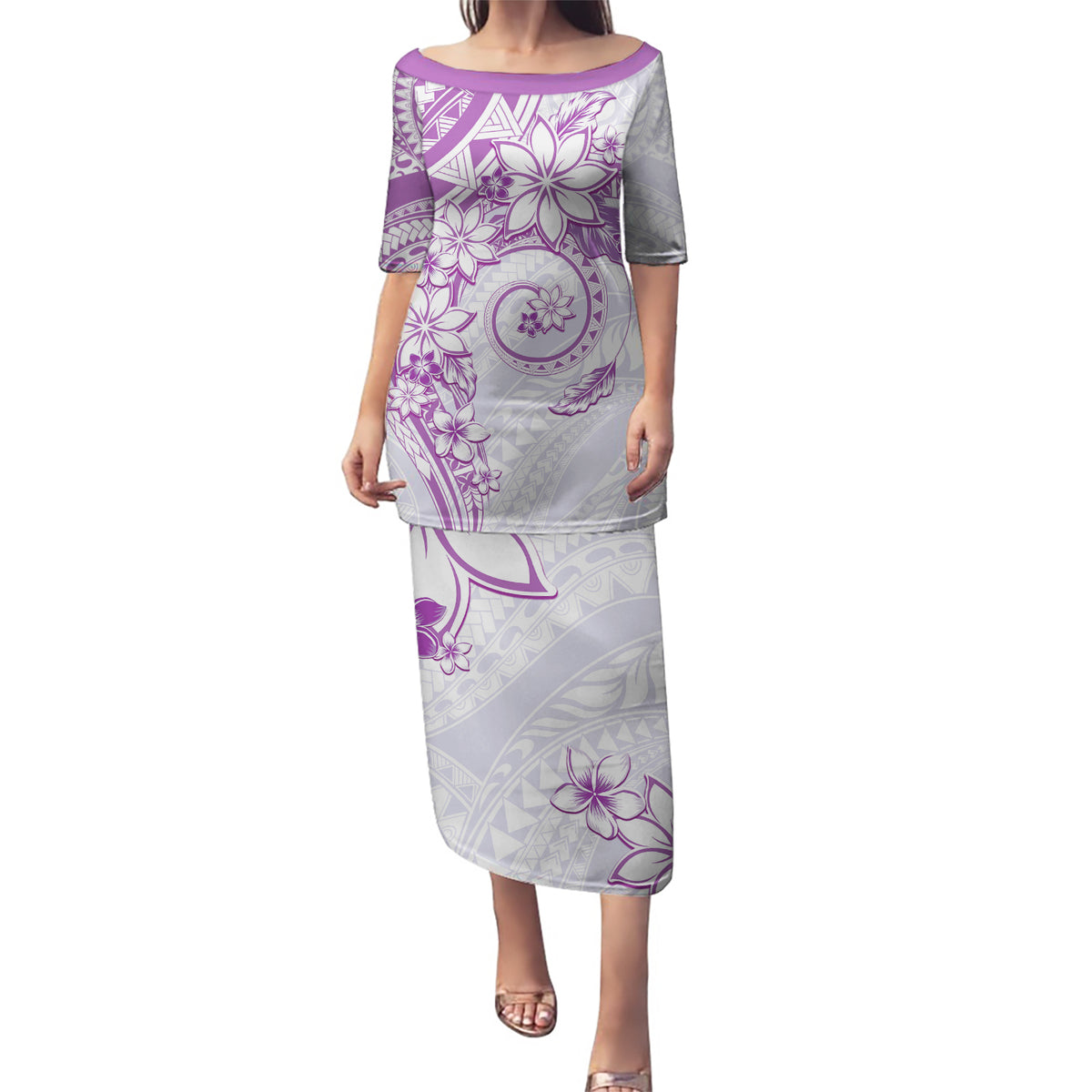 Polynesian Pattern With Plumeria Flowers Puletasi Purple LT05 Long Dress Purple - Polynesian Pride