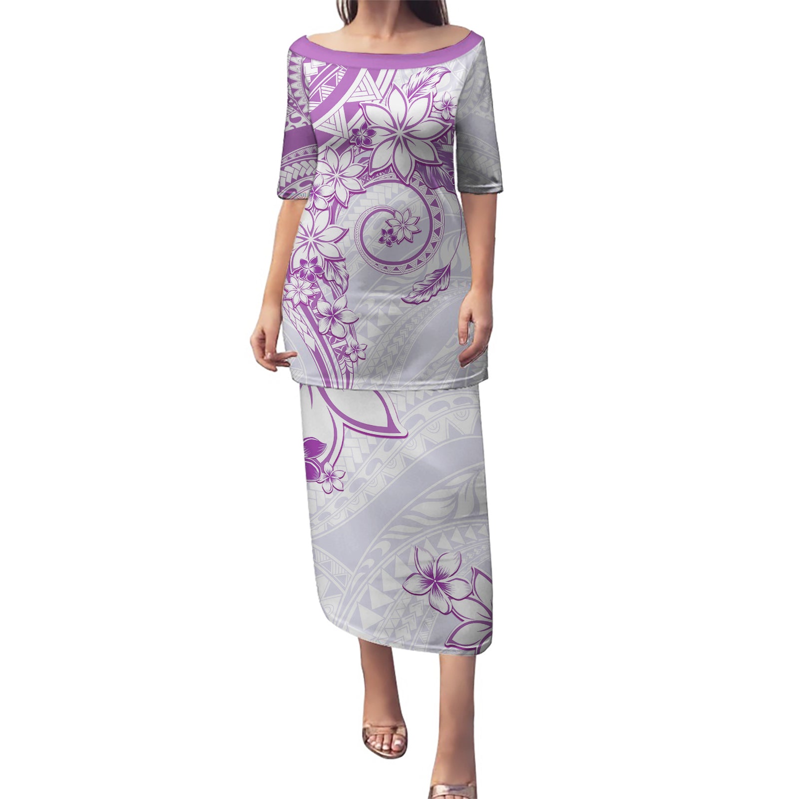 Polynesian Pattern With Plumeria Flowers Puletasi Purple LT05 Long Dress Purple - Polynesian Pride