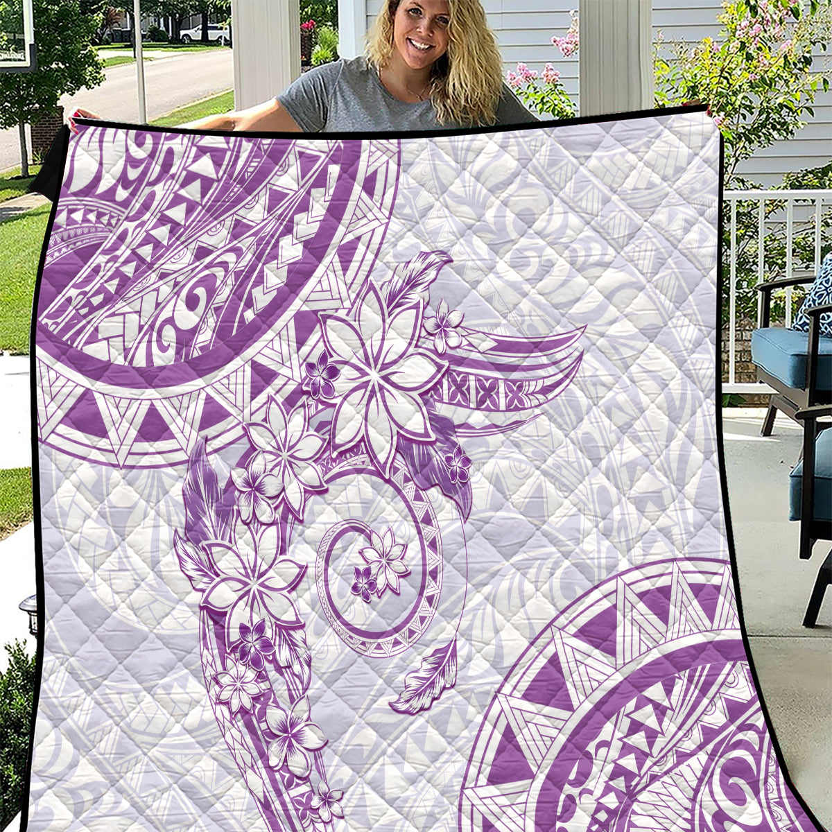 Polynesian Pattern With Plumeria Flowers Quilt Purple