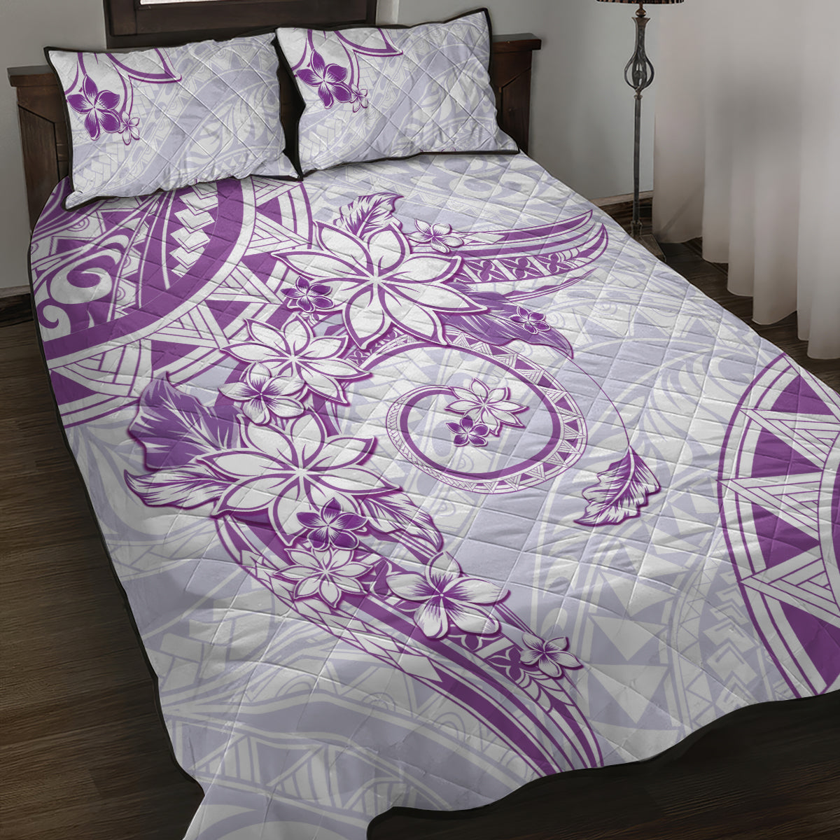 Polynesian Pattern With Plumeria Flowers Quilt Bed Set Purple