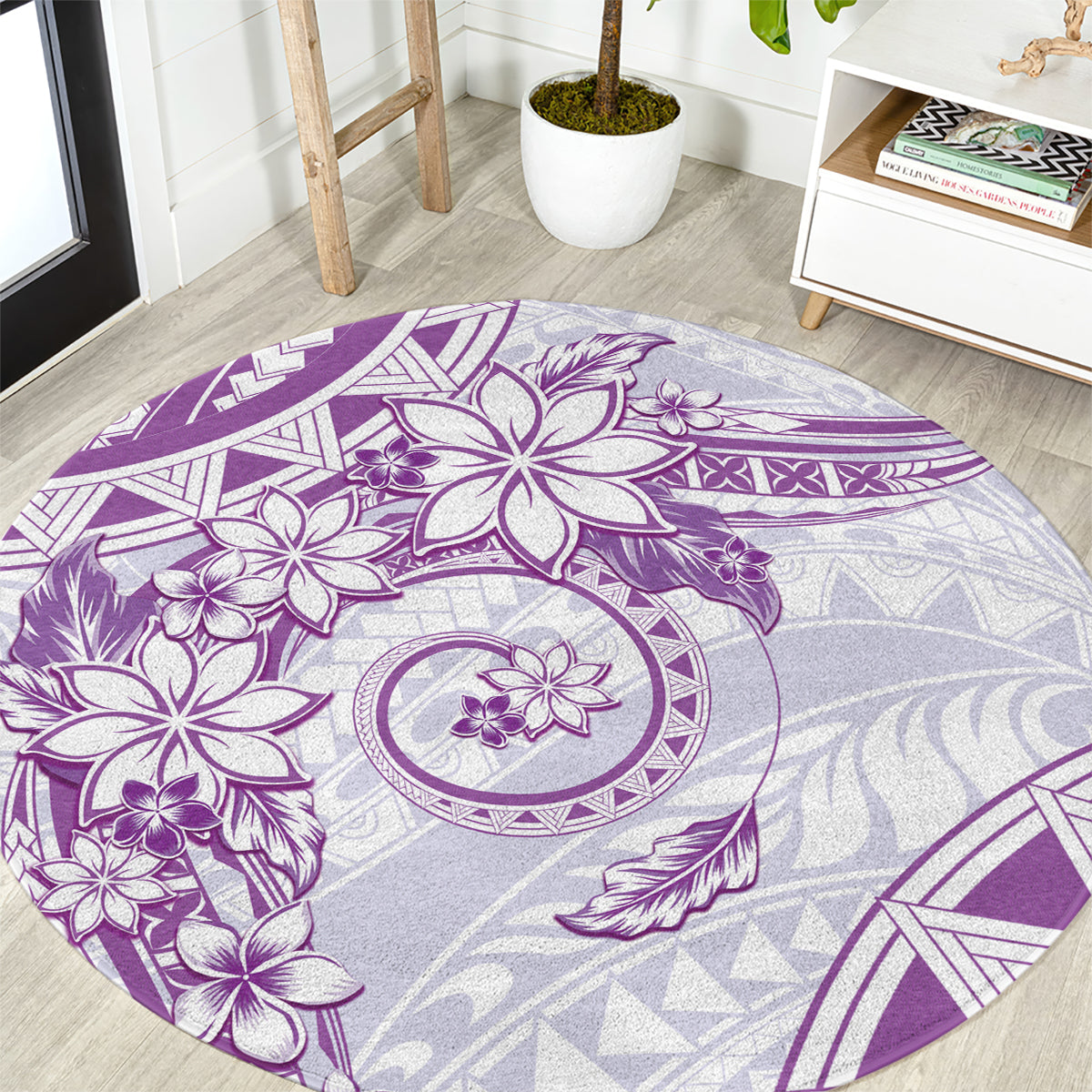 Polynesian Pattern With Plumeria Flowers Round Carpet Purple