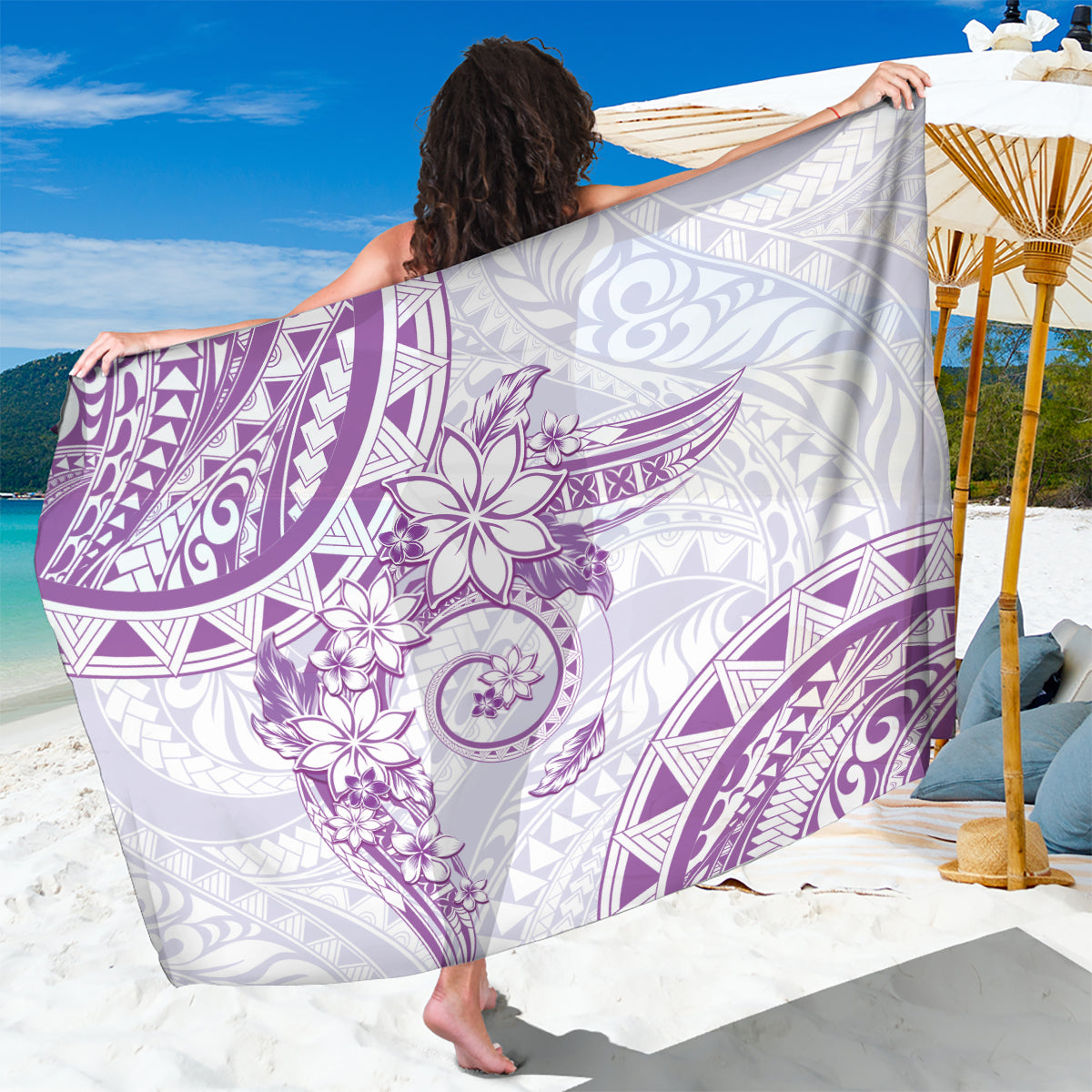 Polynesian Pattern With Plumeria Flowers Sarong Purple