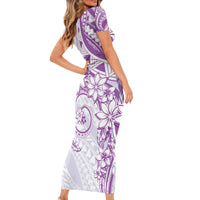 Polynesian Pattern With Plumeria Flowers Short Sleeve Bodycon Dress Purple