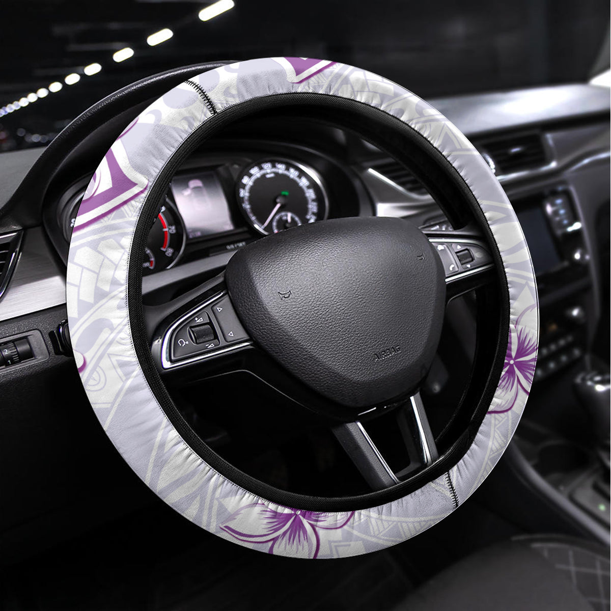 Polynesian Pattern With Plumeria Flowers Steering Wheel Cover Purple