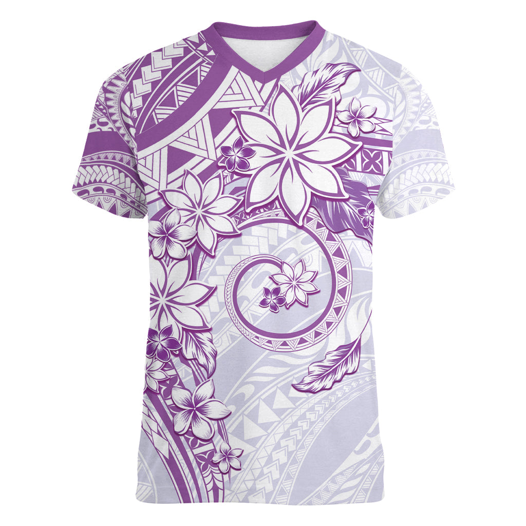 Polynesian Pattern With Plumeria Flowers Women V-Neck T-Shirt Purple