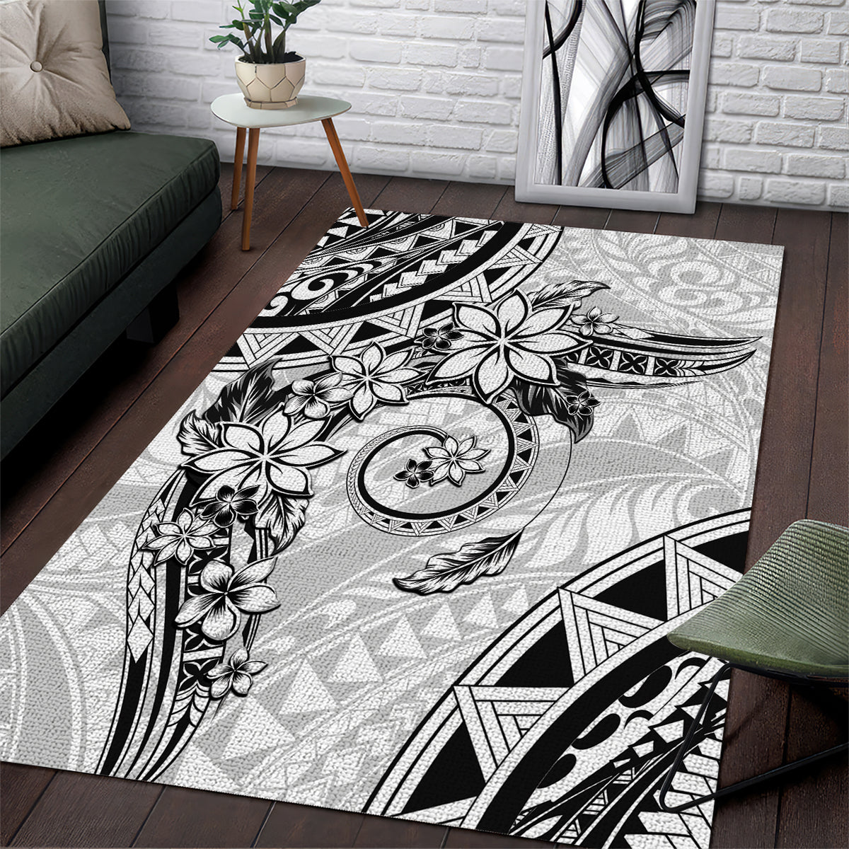 Polynesian Pattern With Plumeria Flowers Area Rug White