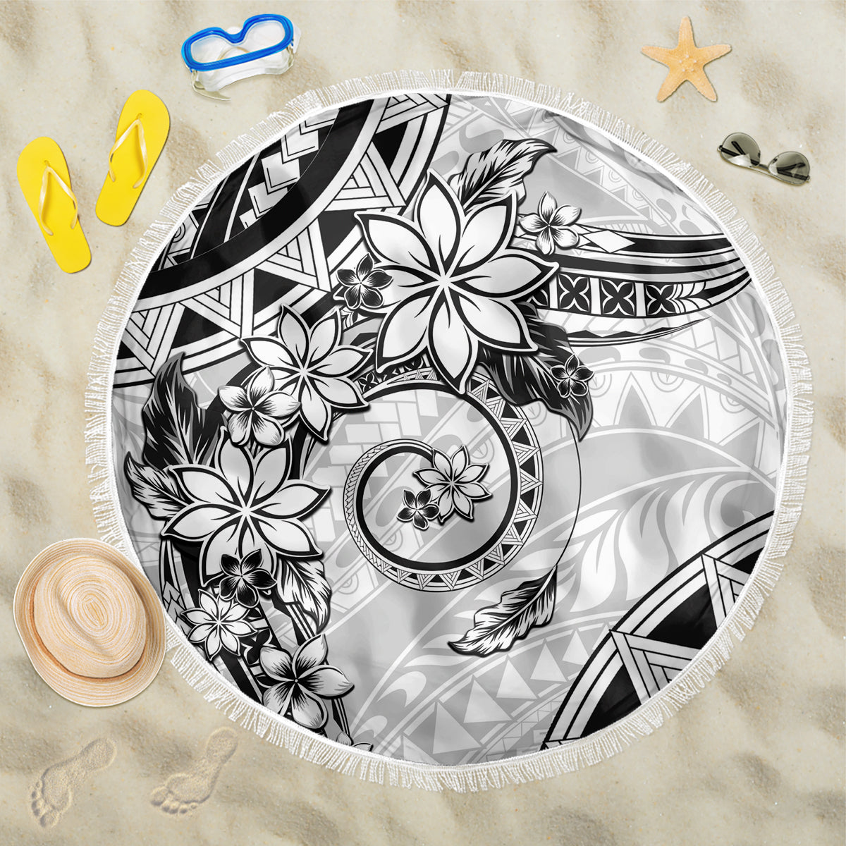 Polynesian Pattern With Plumeria Flowers Beach Blanket White LT05 One Size 150cm White - Polynesian Pride
