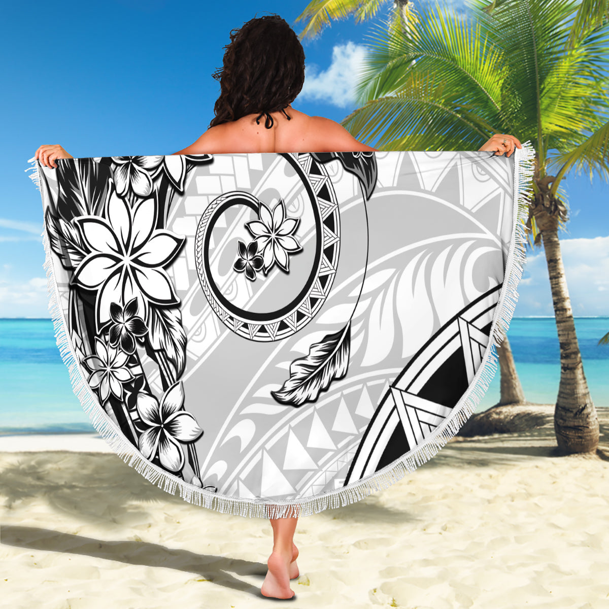 Polynesian Pattern With Plumeria Flowers Beach Blanket White LT05 - Polynesian Pride