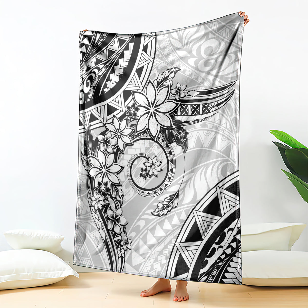 Polynesian Pattern With Plumeria Flowers Blanket White LT05 - Polynesian Pride