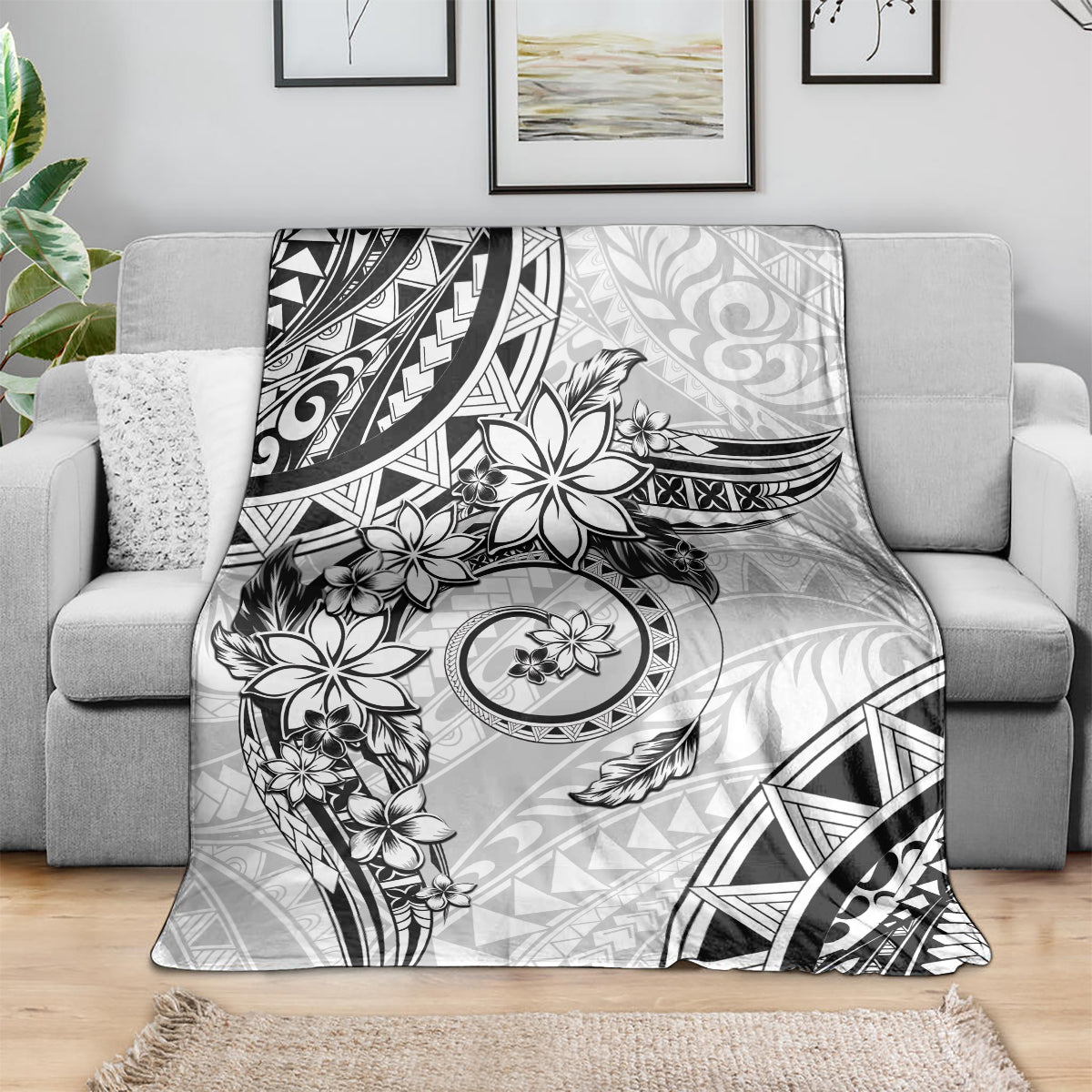 Polynesian Pattern With Plumeria Flowers Blanket White LT05 - Polynesian Pride