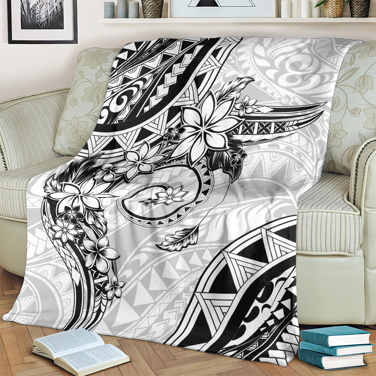 Polynesian Pattern With Plumeria Flowers Blanket White LT05 - Polynesian Pride