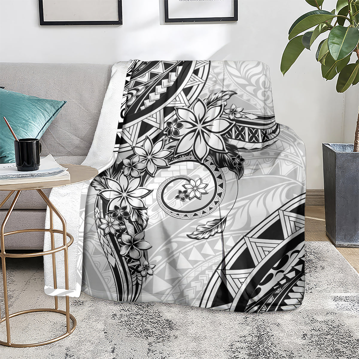 Polynesian Pattern With Plumeria Flowers Blanket White LT05 - Polynesian Pride