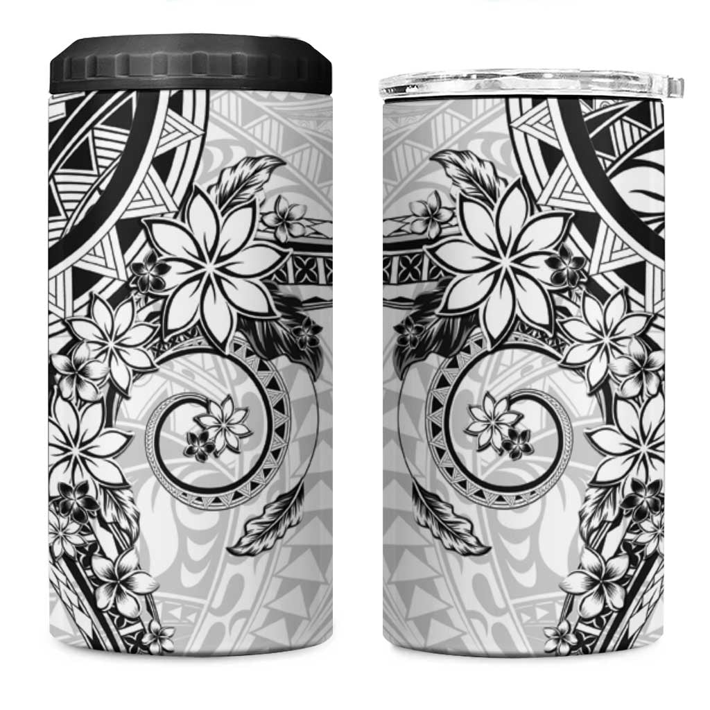 White Polynesian Pattern With Plumeria Flowers 4 in 1 Can Cooler Tumbler