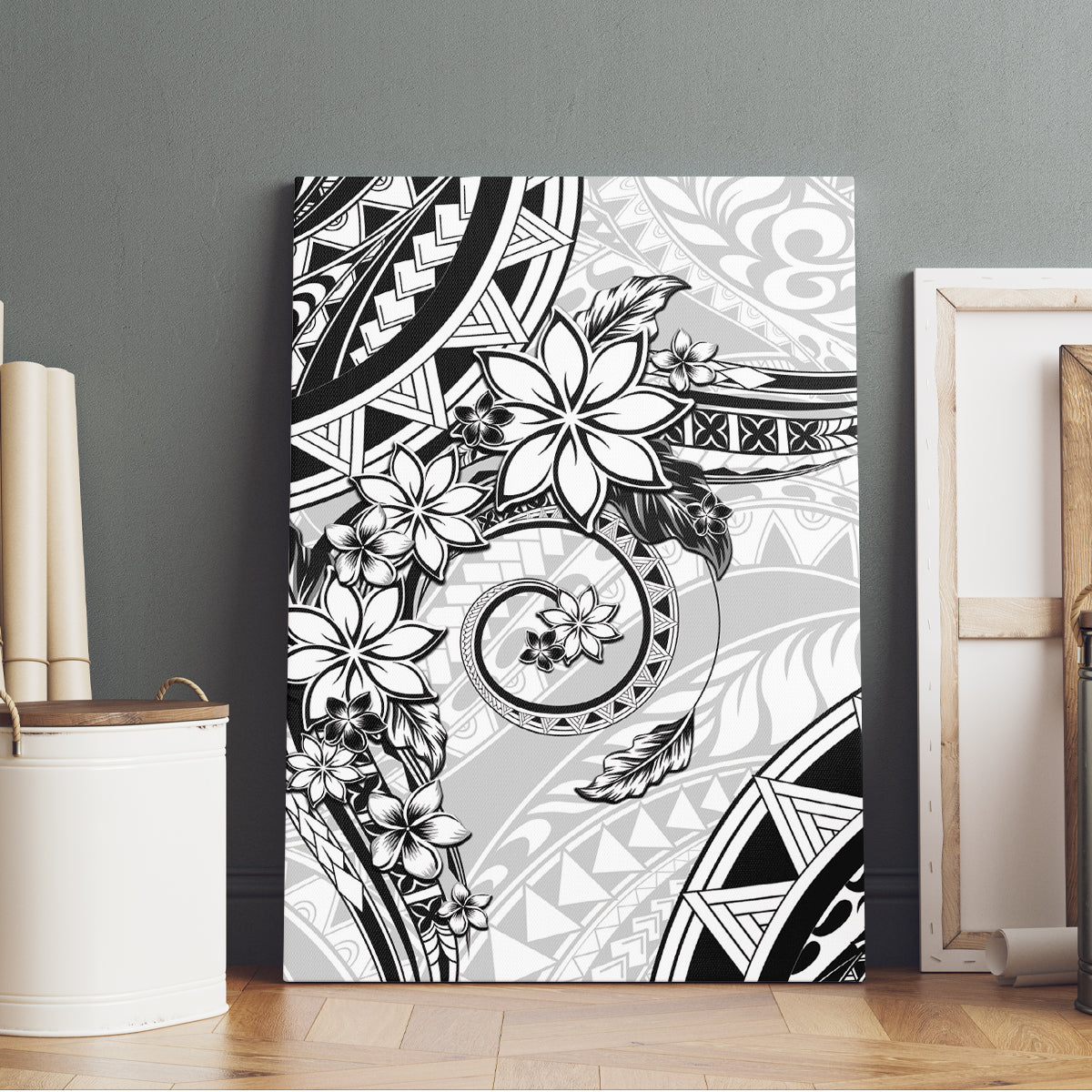 Polynesian Pattern With Plumeria Flowers Canvas Wall Art White LT05 - Polynesian Pride